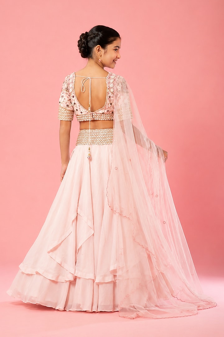Baby Pink Organza Hand Embroidered Lehenga Set For Girls by Quench A Thirst Kids at Pernia's Pop Up Shop