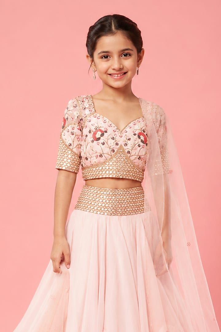 Baby Pink Organza Hand Embroidered Lehenga Set For Girls by Quench A Thirst Kids at Pernia's Pop Up Shop