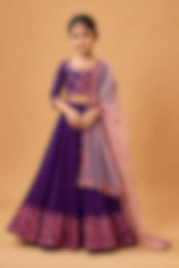 Violet Modal Satin Zari Embroidered Lehenga Set For Girls by Quench A Thirst Kids at Pernia's Pop Up Shop
