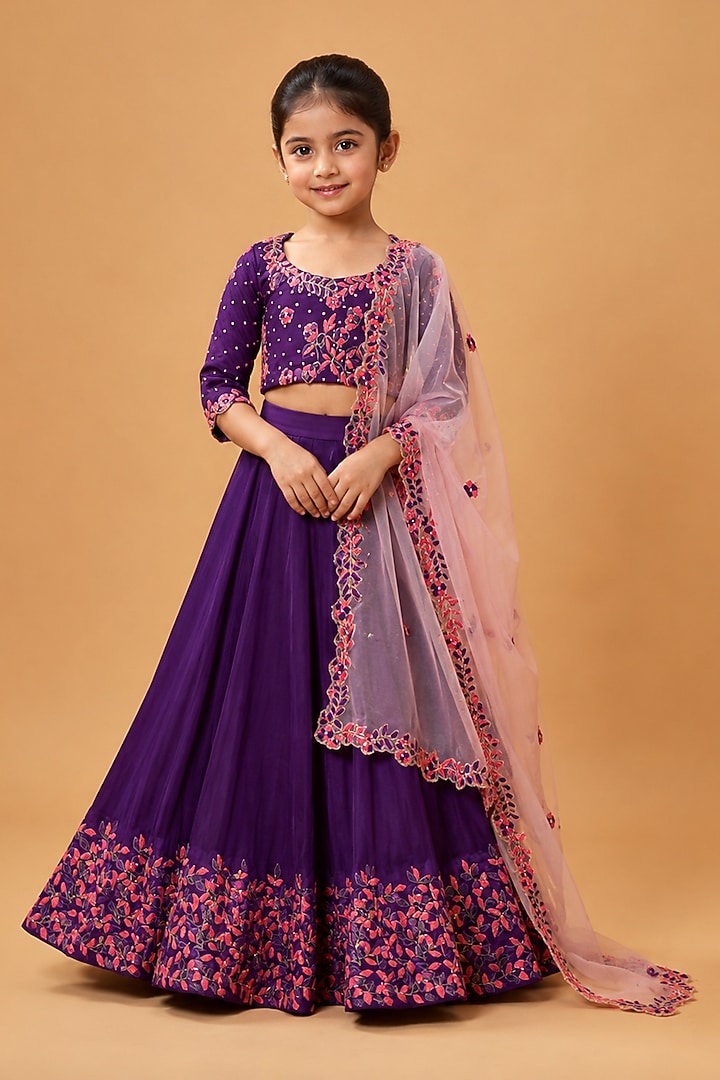 Violet Modal Satin Zari Embroidered Lehenga Set For Girls by Quench A Thirst Kids at Pernia's Pop Up Shop