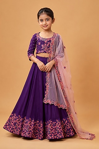Violet Modal Satin Zari Embroidered Lehenga Set For Girls by Quench A Thirst Kids