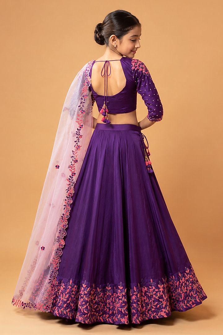 Violet Modal Satin Zari Embroidered Lehenga Set For Girls by Quench A Thirst Kids at Pernia's Pop Up Shop