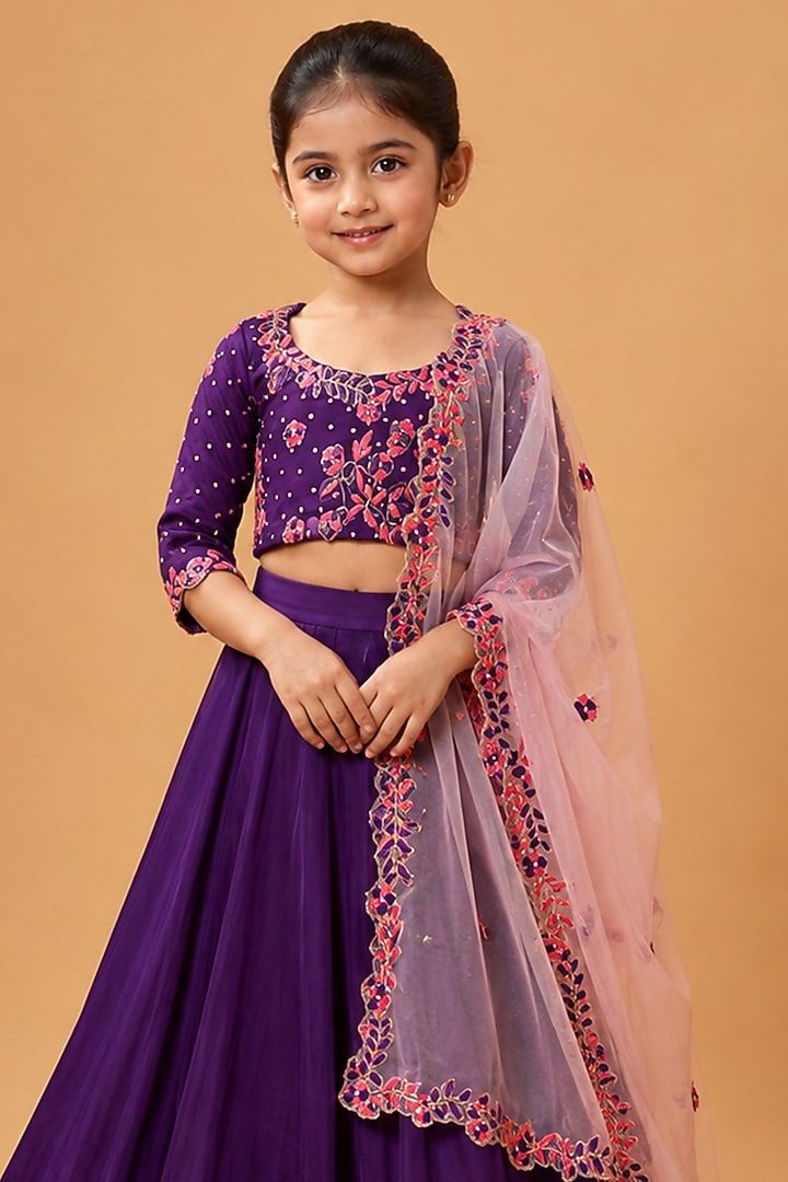 Violet Modal Satin Zari Embroidered Lehenga Set For Girls by Quench A Thirst Kids at Pernia's Pop Up Shop