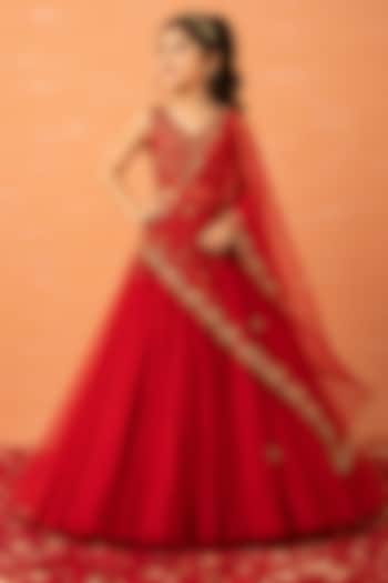 Red Soft Net Hand Embroidered Lehenga Set For Girls by Quench A Thirst Kids at Pernia's Pop Up Shop