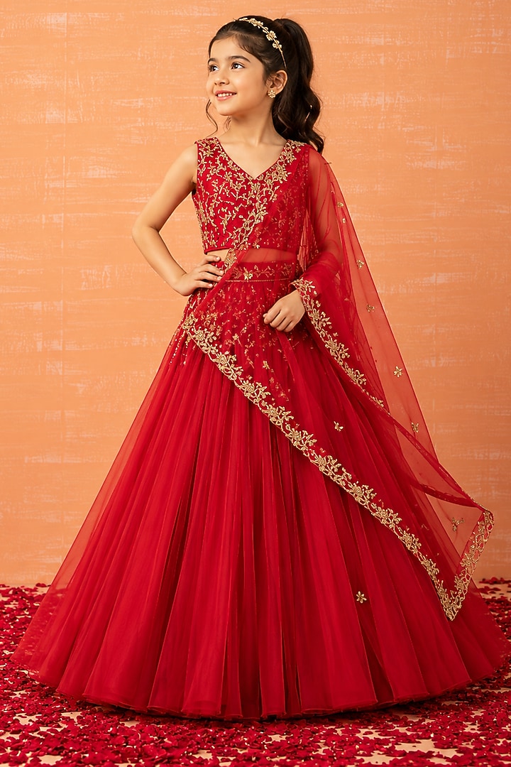 Red Soft Net Hand Embroidered Lehenga Set For Girls by Quench A Thirst Kids at Pernia's Pop Up Shop