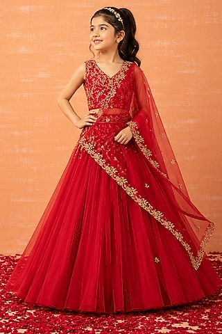 Red Soft Net Hand Embroidered Lehenga Set For Girls by Quench A Thirst Kids