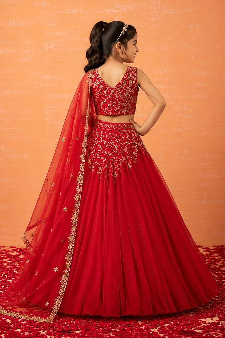 Red Soft Net Hand Embroidered Lehenga Set For Girls by Quench A Thirst Kids at Pernia's Pop Up Shop