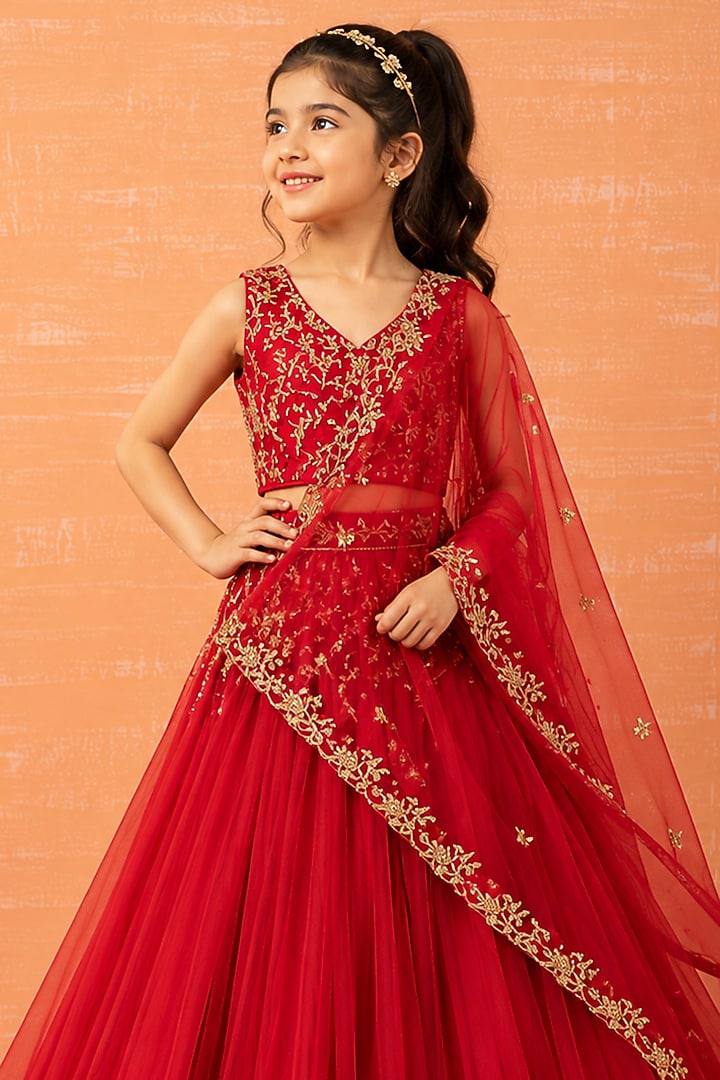 Red Soft Net Hand Embroidered Lehenga Set For Girls by Quench A Thirst Kids at Pernia's Pop Up Shop