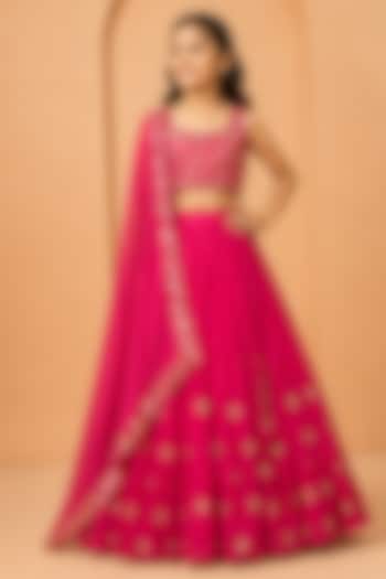 Hot Pink Moda Silk Hand Embroidered Lehenga Set For Girls by Quench A Thirst Kids at Pernia's Pop Up Shop