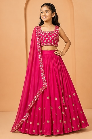 Hot Pink Moda Silk Hand Embroidered Lehenga Set For Girls by Quench A Thirst Kids
