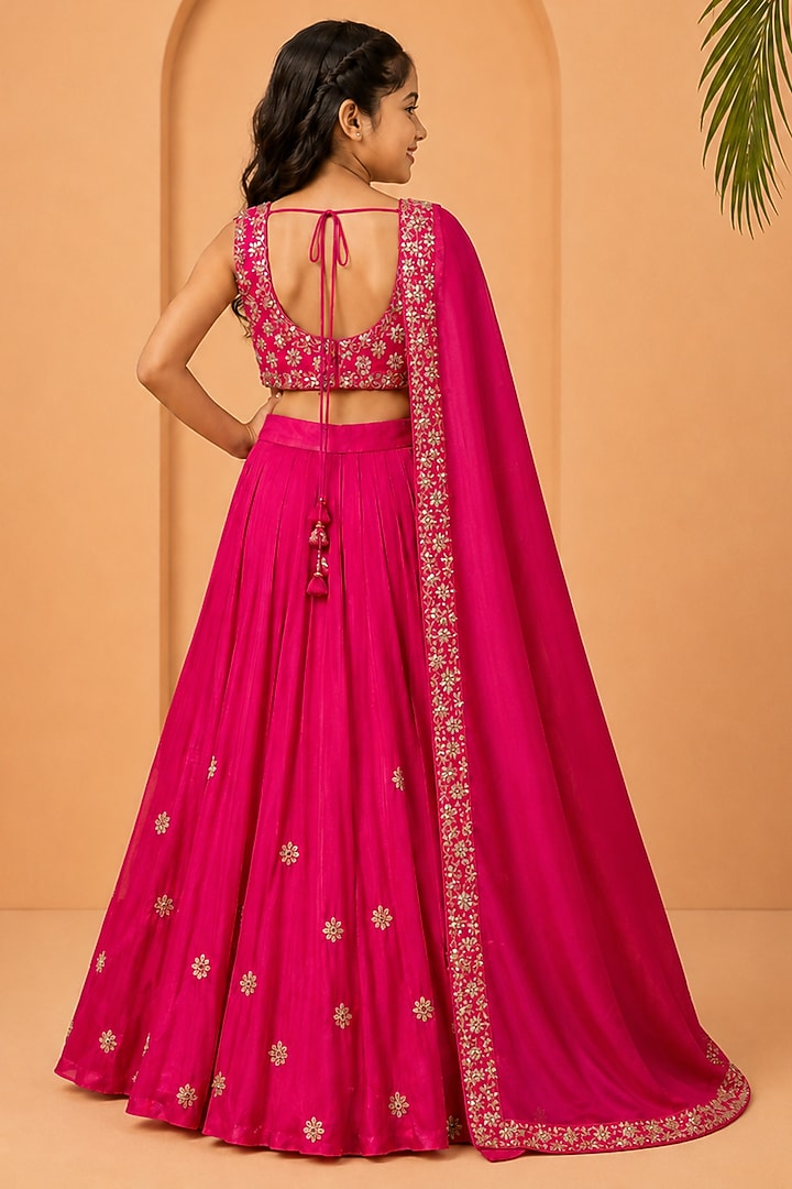 Hot Pink Moda Silk Hand Embroidered Lehenga Set For Girls by Quench A Thirst Kids at Pernia's Pop Up Shop