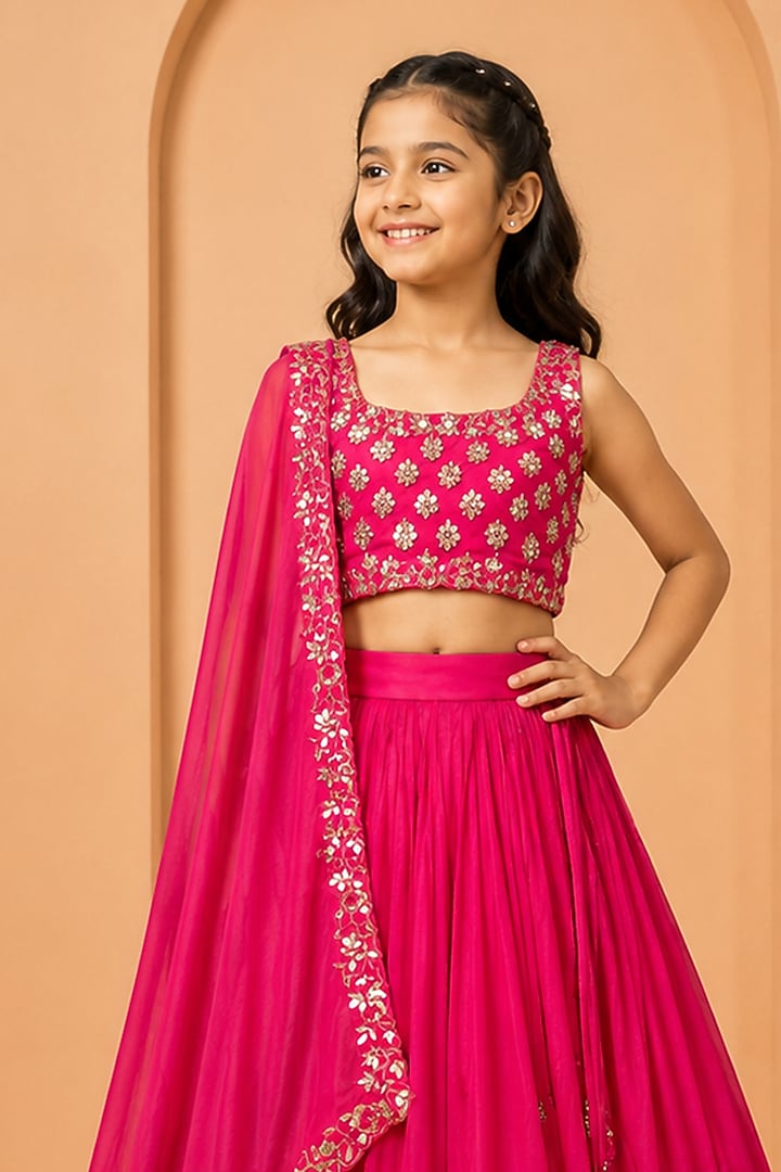 Hot Pink Moda Silk Hand Embroidered Lehenga Set For Girls by Quench A Thirst Kids at Pernia's Pop Up Shop