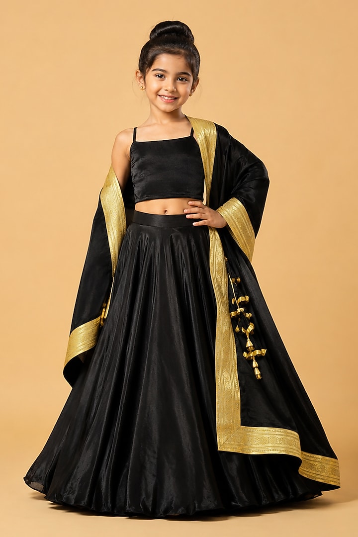 Black Modal Silk Lehenga Set For Girls by Quench A Thirst Kids at Pernia's Pop Up Shop