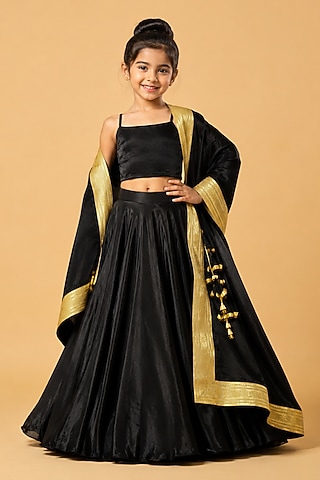 Black Modal Silk Lehenga Set For Girls by Quench A Thirst Kids