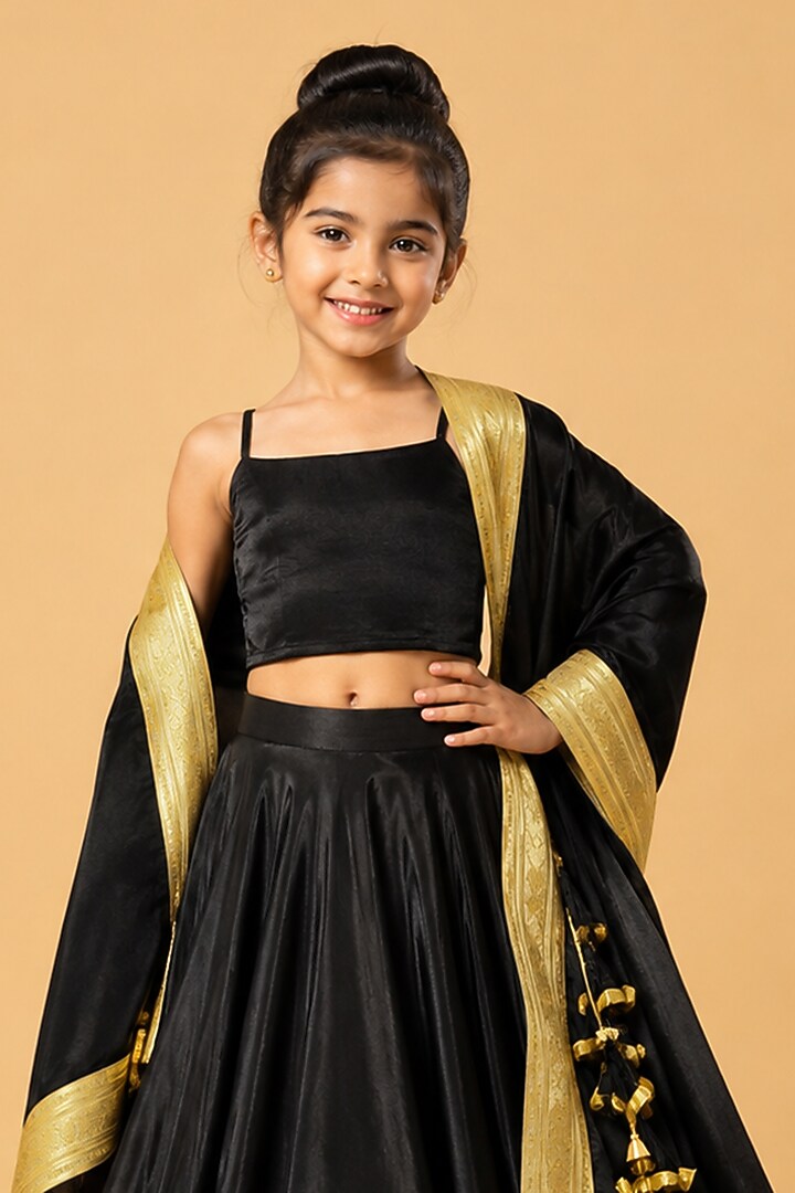 Black Modal Silk Lehenga Set For Girls by Quench A Thirst Kids at Pernia's Pop Up Shop