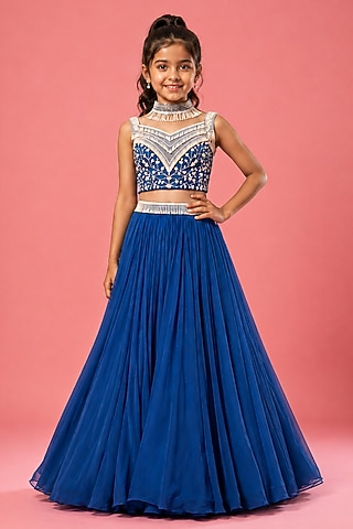Blue Pure Georgette Pearl Embroidered Lehenga Set For Girls by Quench A Thirst Kids