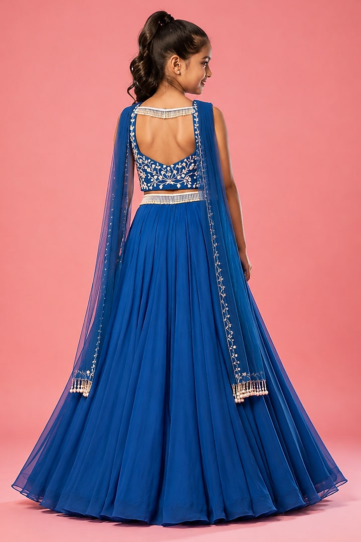 Blue Pure Georgette Pearl Embroidered Lehenga Set For Girls by Quench A Thirst Kids at Pernia's Pop Up Shop