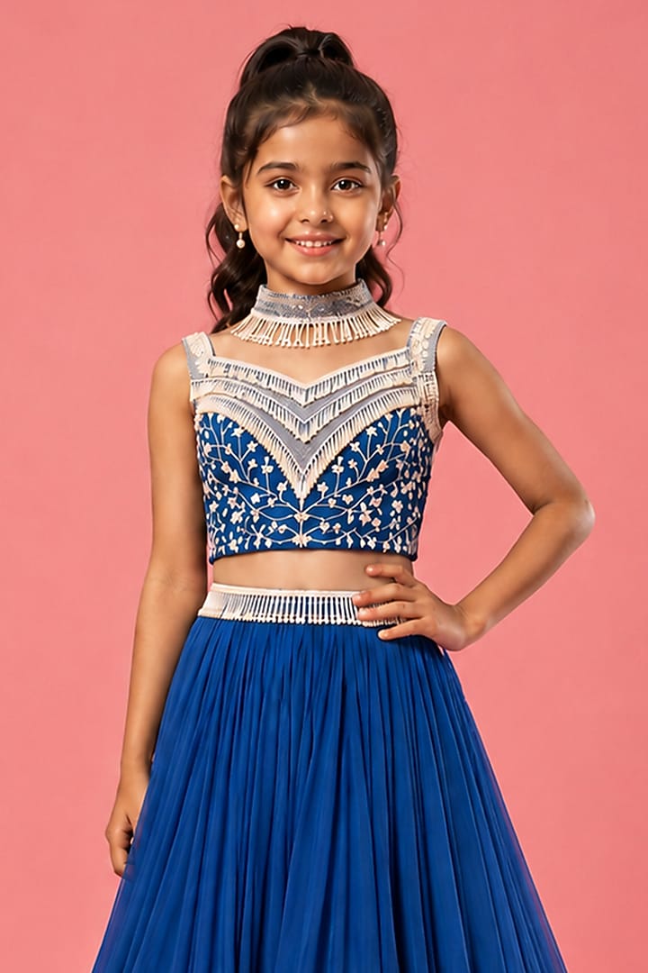 Blue Pure Georgette Pearl Embroidered Lehenga Set For Girls by Quench A Thirst Kids at Pernia's Pop Up Shop