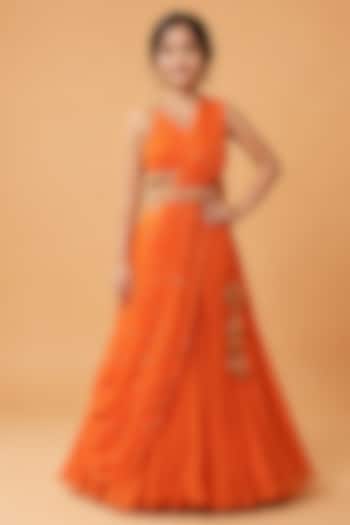 Orange Georgette Draped Lehenga Set For Girls by Quench A Thirst Kids at Pernia's Pop Up Shop