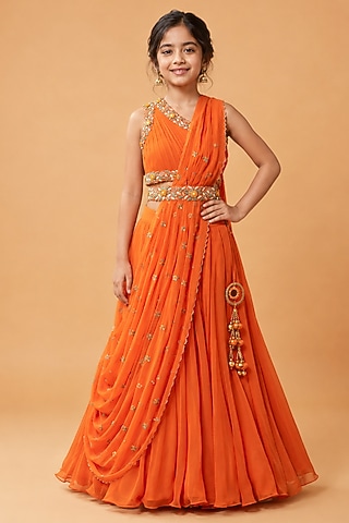 Orange Georgette Draped Lehenga Set For Girls by Quench A Thirst Kids