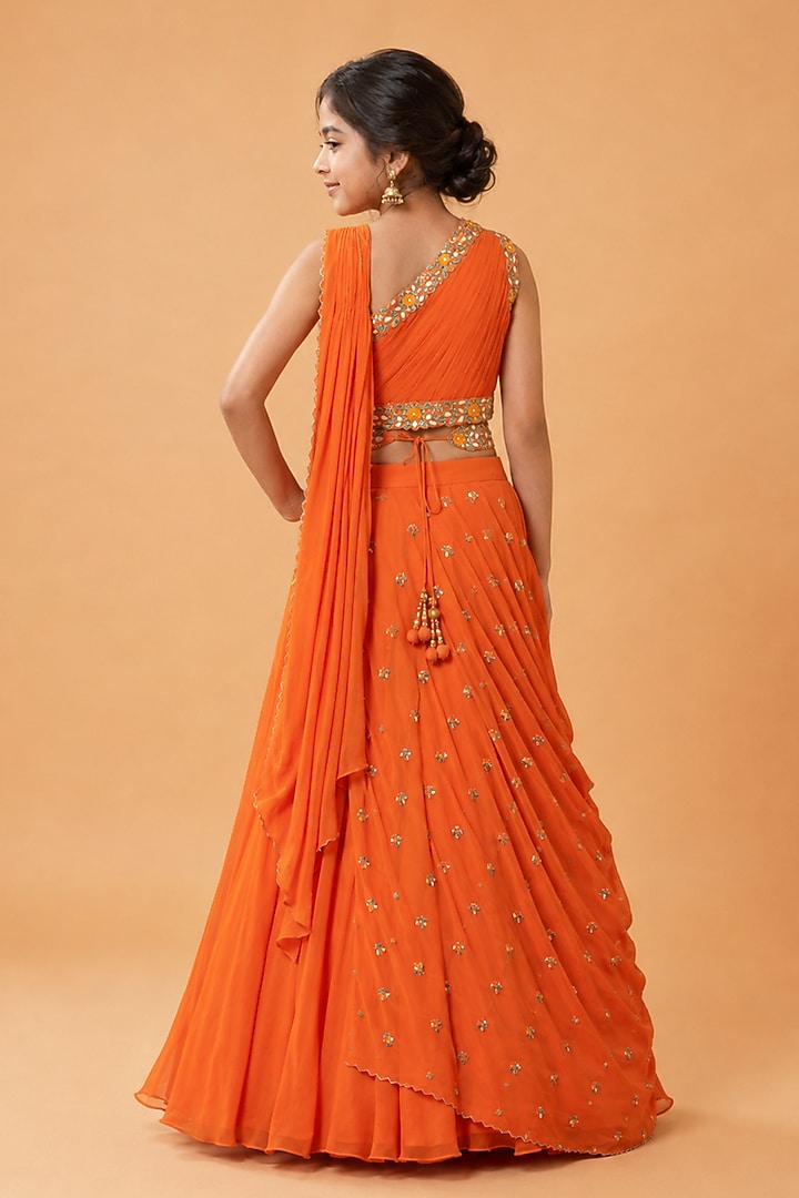 Orange Georgette Draped Lehenga Set For Girls by Quench A Thirst Kids at Pernia's Pop Up Shop