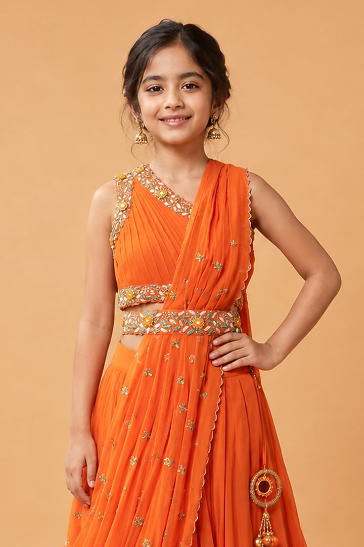Orange Georgette Draped Lehenga Set For Girls by Quench A Thirst Kids at Pernia's Pop Up Shop