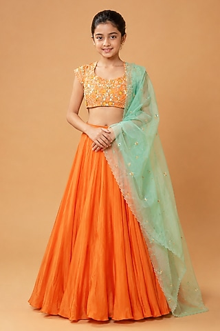 Orange Modal Satin Cutdana Embroidered Lehenga Set For Girls by Quench A Thirst Kids