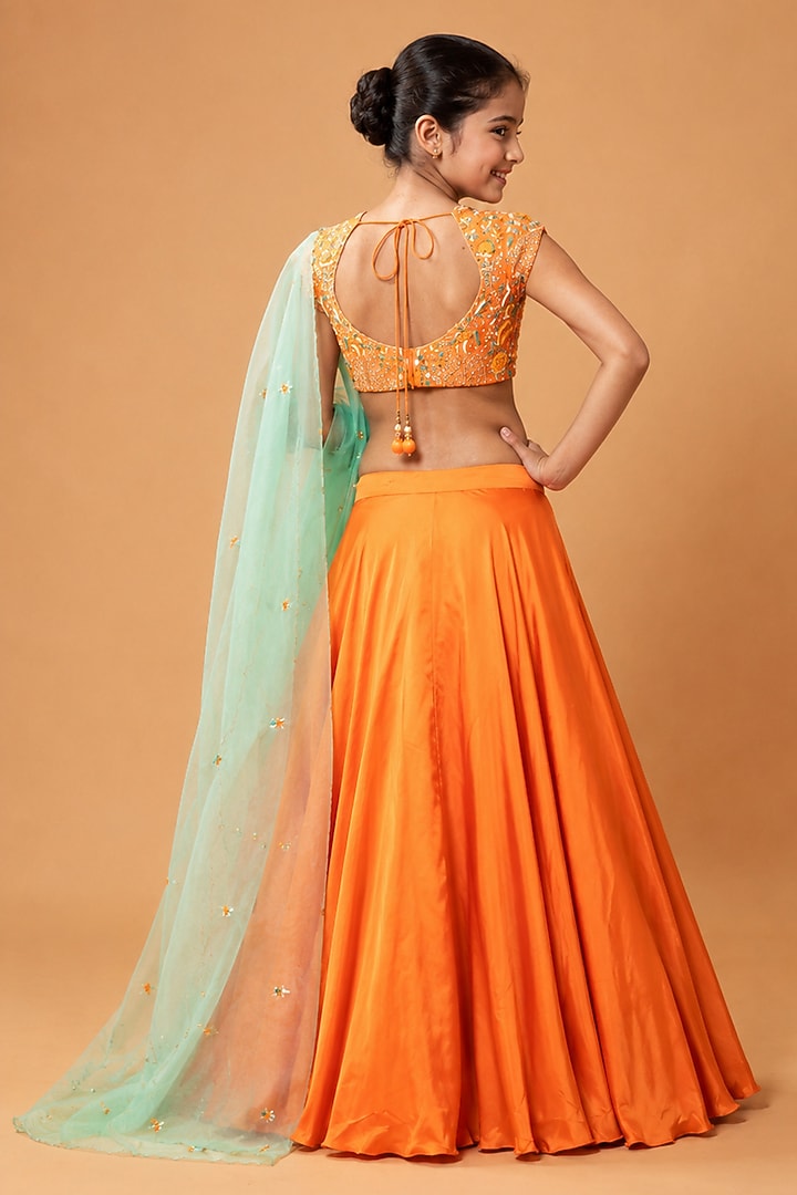 Orange Modal Satin Cutdana Embroidered Lehenga Set For Girls by Quench A Thirst Kids at Pernia's Pop Up Shop