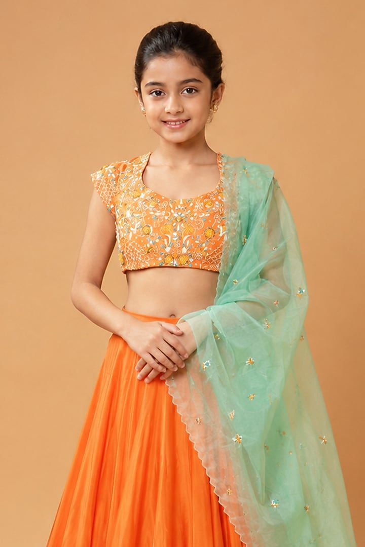 Orange Modal Satin Cutdana Embroidered Lehenga Set For Girls by Quench A Thirst Kids at Pernia's Pop Up Shop