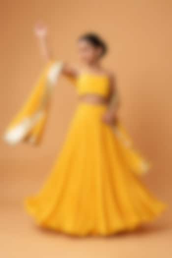 Bright Yellow Modal Satin Zari Embroidered Lehenga Set For Girls by Quench A Thirst Kids at Pernia's Pop Up Shop