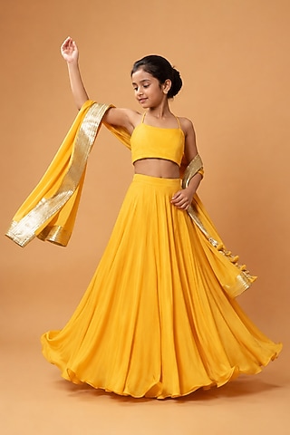 Bright Yellow Modal Satin Zari Embroidered Lehenga Set For Girls by Quench A Thirst Kids