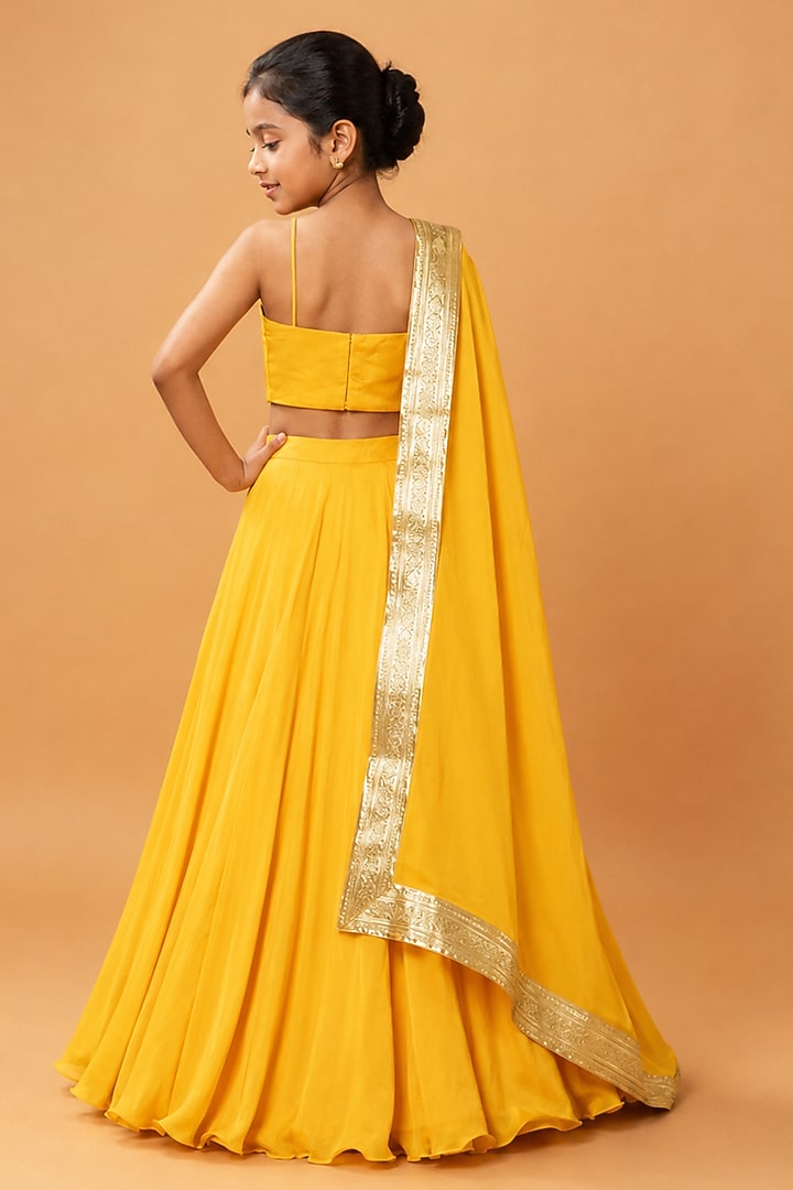 Bright Yellow Modal Satin Zari Embroidered Lehenga Set For Girls by Quench A Thirst Kids at Pernia's Pop Up Shop