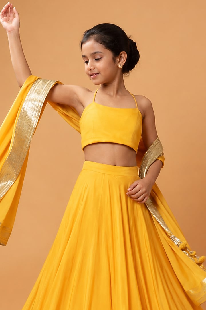 Bright Yellow Modal Satin Zari Embroidered Lehenga Set For Girls by Quench A Thirst Kids at Pernia's Pop Up Shop