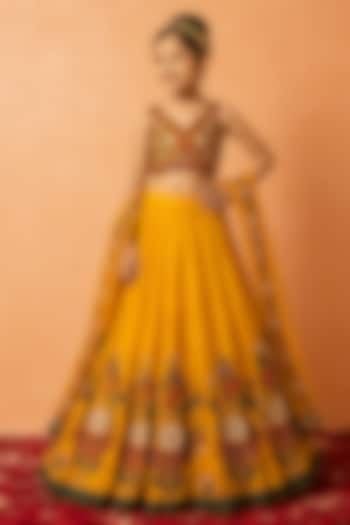 Mustard Yellow Modal Satin 3D Applique Embroidered Lehenga Set For Girls by Quench A Thirst Kids at Pernia's Pop Up Shop