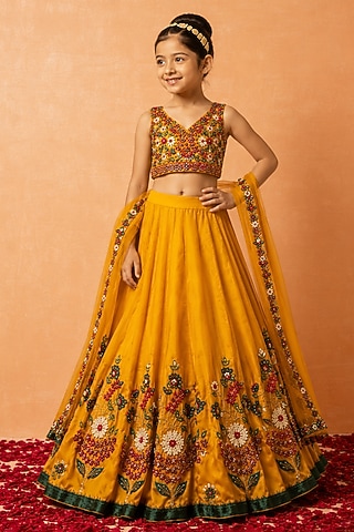 Mustard Yellow Modal Satin 3D Applique Embroidered Lehenga Set For Girls by Quench A Thirst Kids