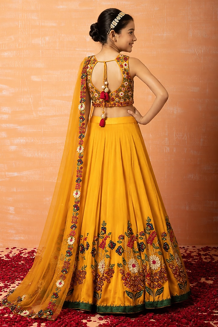 Mustard Yellow Modal Satin 3D Applique Embroidered Lehenga Set For Girls by Quench A Thirst Kids at Pernia's Pop Up Shop