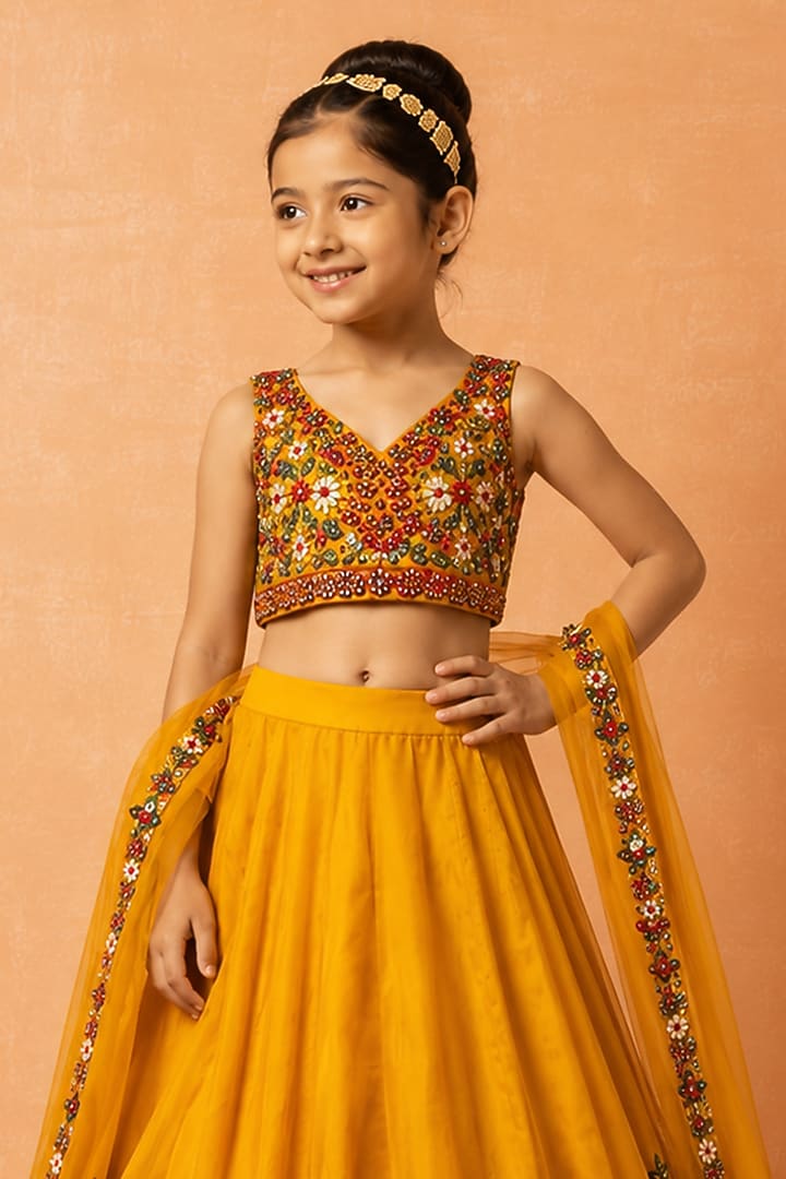 Mustard Yellow Modal Satin 3D Applique Embroidered Lehenga Set For Girls by Quench A Thirst Kids at Pernia's Pop Up Shop