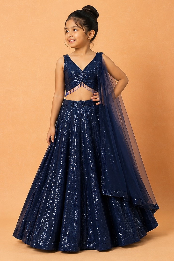 Deep Blue Georgette Sequin Embroidered Lehenga Set For Girls by Quench A Thirst Kids at Pernia's Pop Up Shop