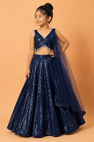 Deep Blue Georgette Sequin Embroidered Lehenga Set For Girls by Quench A Thirst Kids