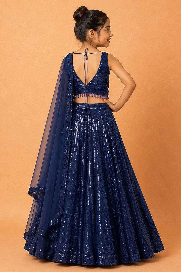 Deep Blue Georgette Sequin Embroidered Lehenga Set For Girls by Quench A Thirst Kids at Pernia's Pop Up Shop