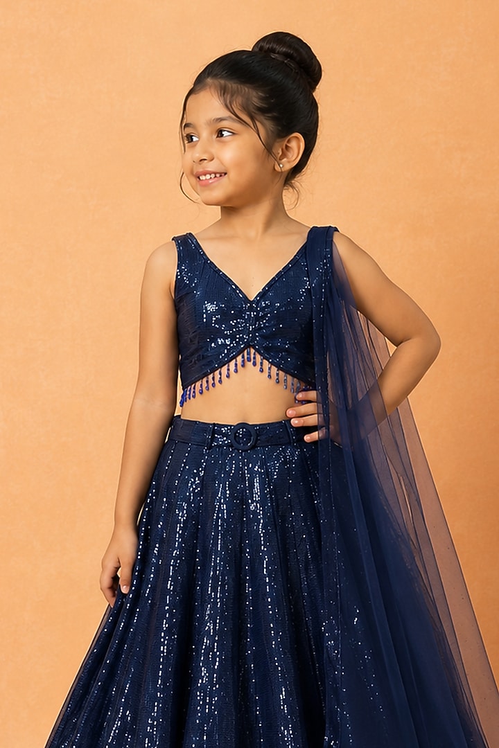Deep Blue Georgette Sequin Embroidered Lehenga Set For Girls by Quench A Thirst Kids at Pernia's Pop Up Shop