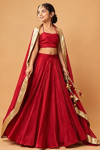 Red Modal Satin Lehenga Set For Girls by Quench A Thirst Kids