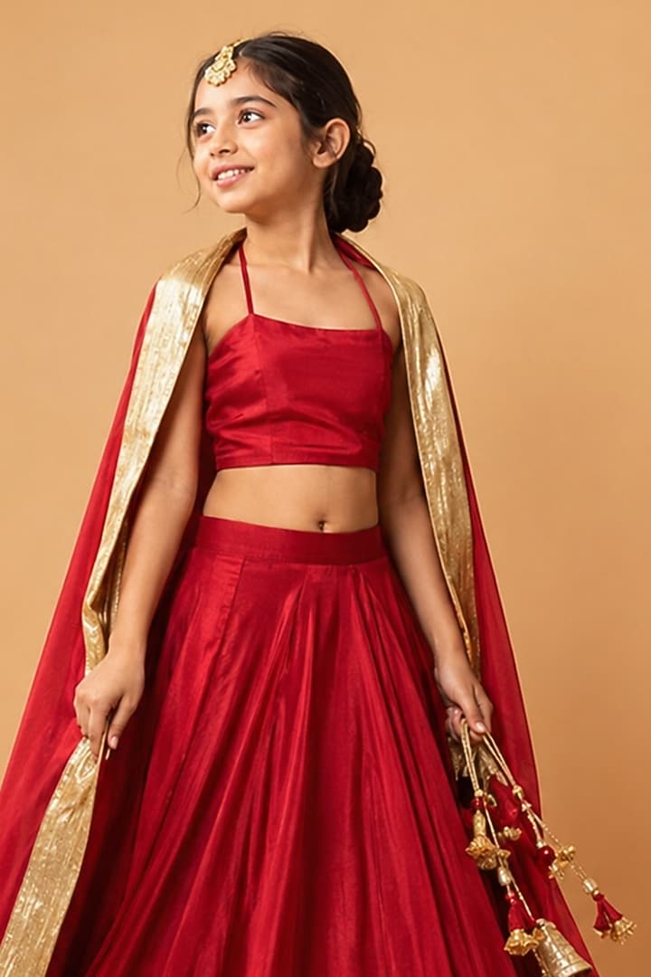 Red Modal Satin Lehenga Set For Girls by Quench A Thirst Kids at Pernia's Pop Up Shop