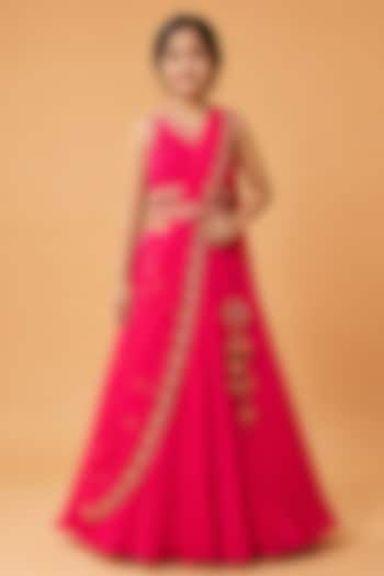 Fuchsia Pink Georgette Draped Lehenga Set For Girls by Quench A Thirst Kids at Pernia's Pop Up Shop