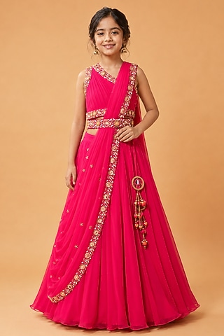 Fuchsia Pink Georgette Draped Lehenga Set For Girls by Quench A Thirst Kids