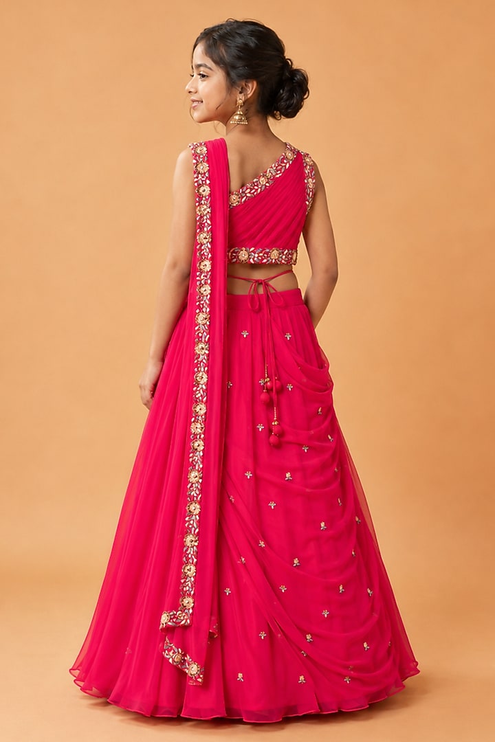 Fuchsia Pink Georgette Draped Lehenga Set For Girls by Quench A Thirst Kids at Pernia's Pop Up Shop