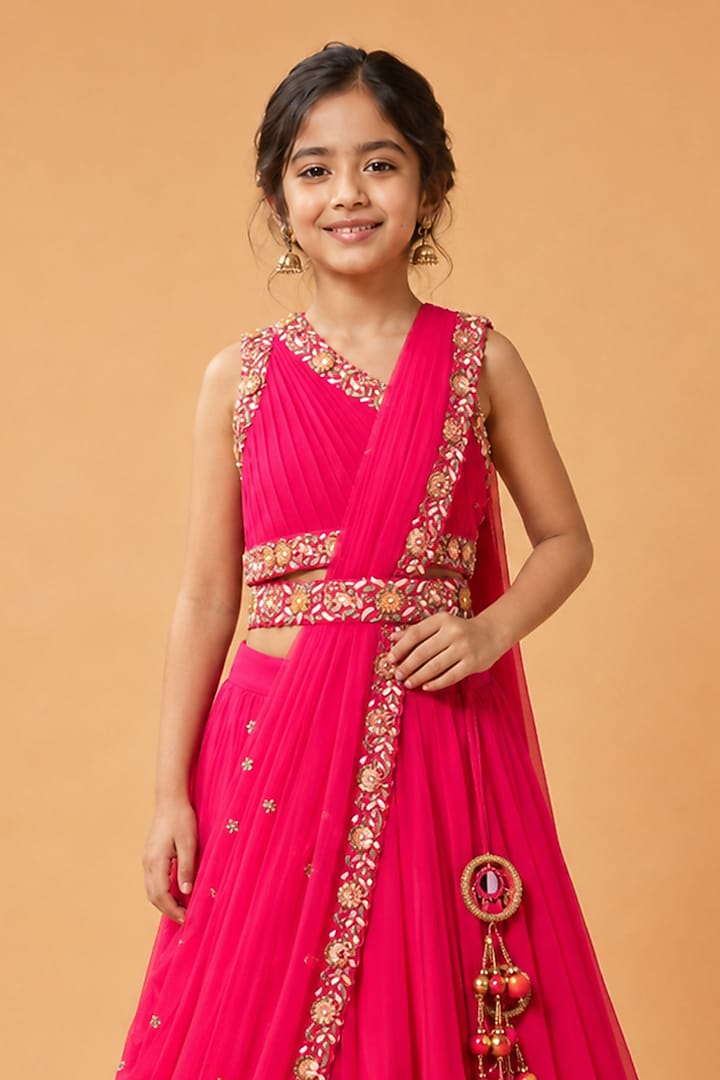 Fuchsia Pink Georgette Draped Lehenga Set For Girls by Quench A Thirst Kids at Pernia's Pop Up Shop