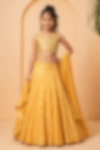 Golden Modal Satin Mirror Embellished Lehenga Set For Girls by Quench A Thirst Kids at Pernia's Pop Up Shop