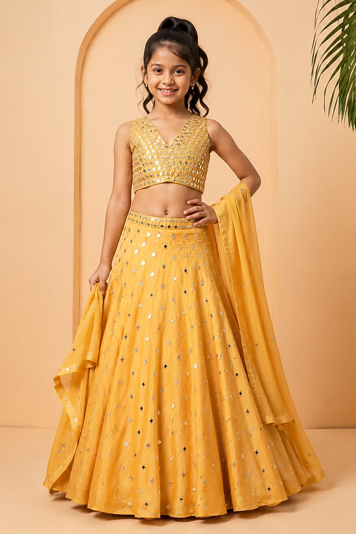 Golden Modal Satin Mirror Embellished Lehenga Set For Girls by Quench A Thirst Kids at Pernia's Pop Up Shop