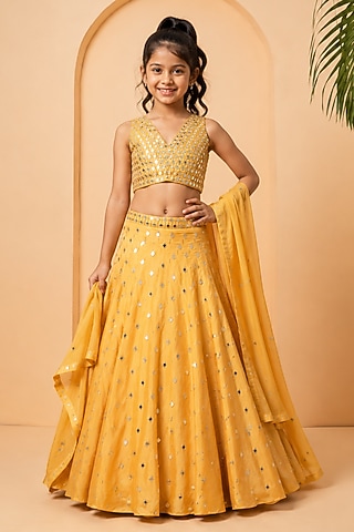 Golden Modal Satin Mirror Embellished Lehenga Set For Girls by Quench A Thirst Kids